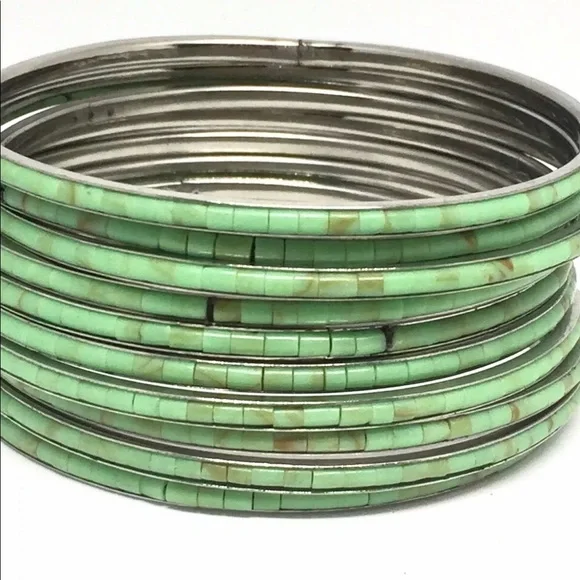 Stack Of 10 Bangles Bracelets Inlaid She’ll Handmade Turquoise - Picture 3 of 14